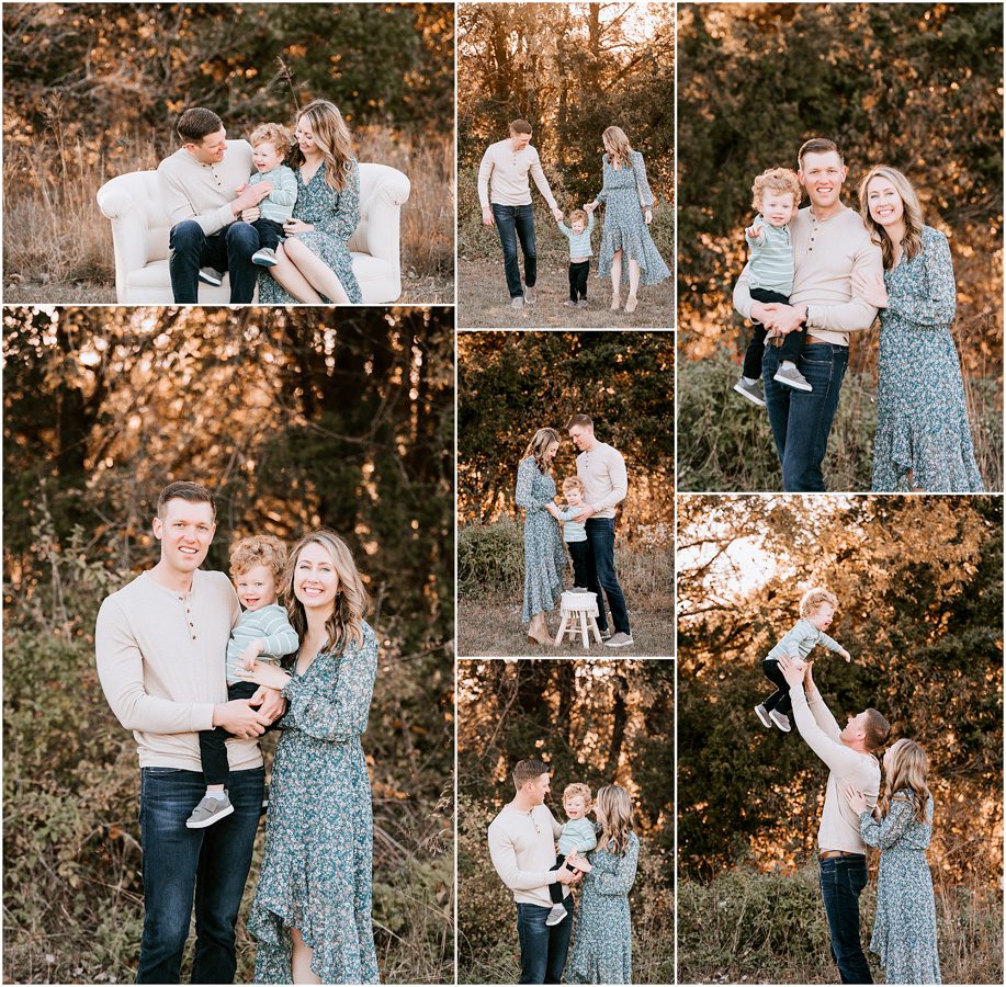 A collage from a family session showing a man, a woman, and a young child in various poses outdoors.