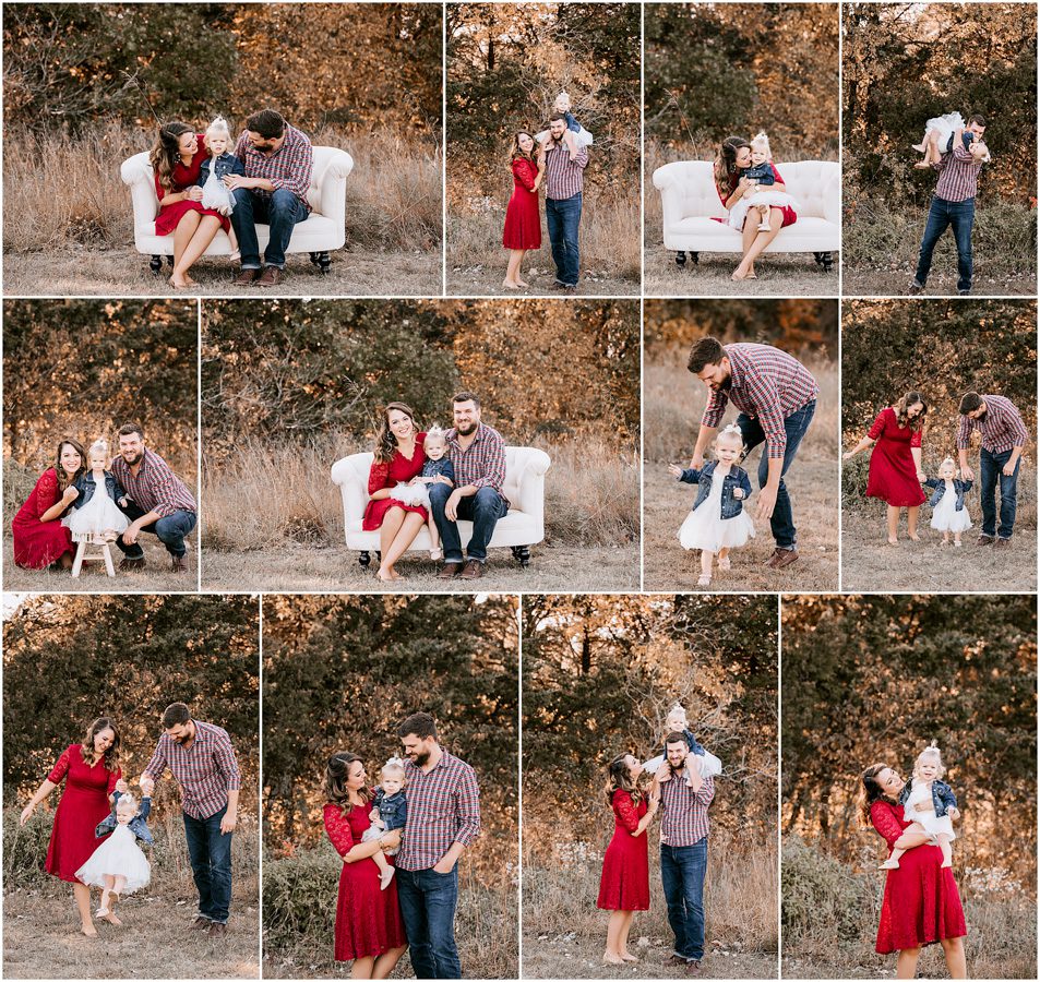 A collage from a family photoshoot in an outdoor setting, featuring a couple and a young child, with moments of affection and playfulness.