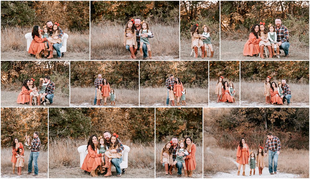 A collage from a family photography session with various poses in an outdoor setting adorned with autumnal colors.