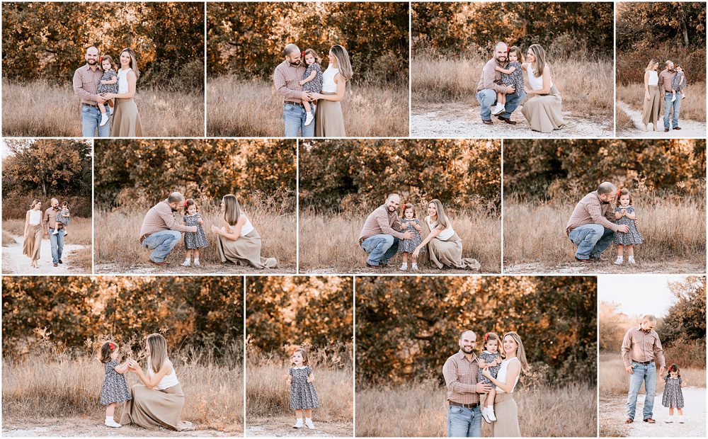 A family photoshoot collage in an outdoor setting with autumnal colors.