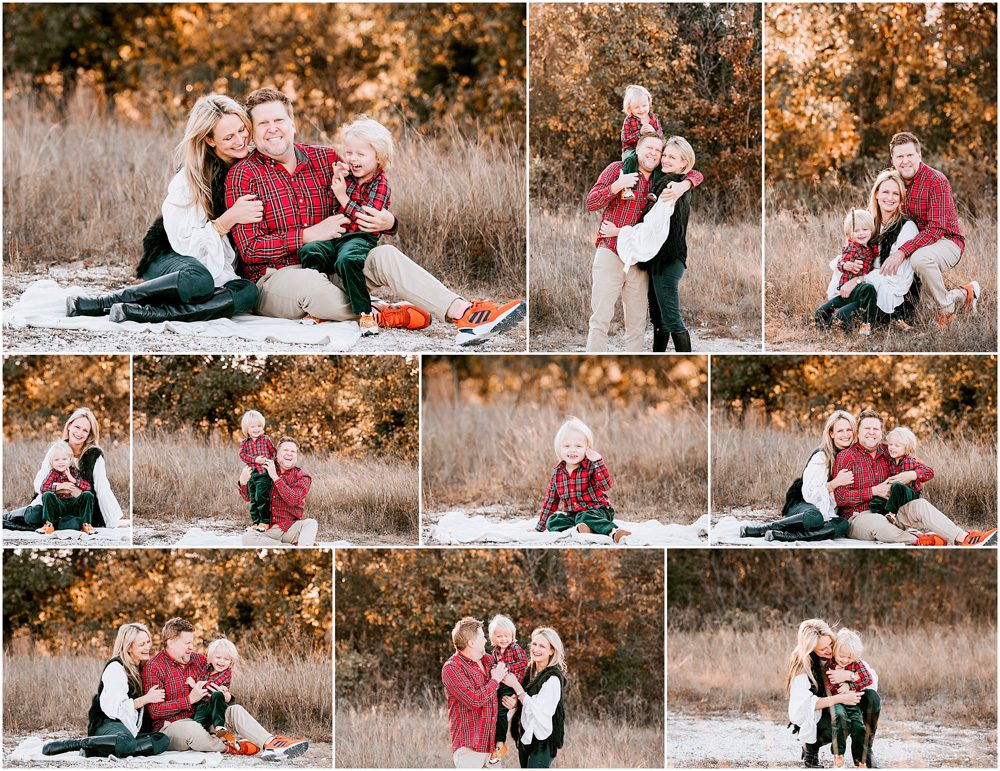 A family photoshoot featuring two adults and a young child, captured in an outdoor setting with autumnal foliage.