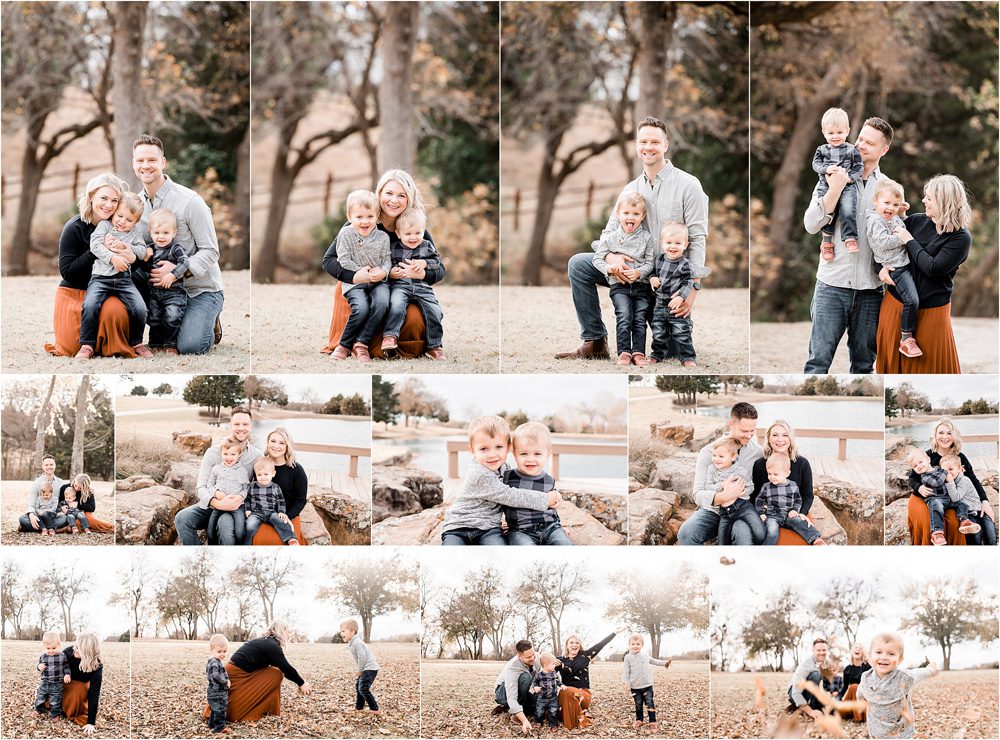 A collage from a family photoshoot featuring two adults and two children enjoying an outdoor setting.