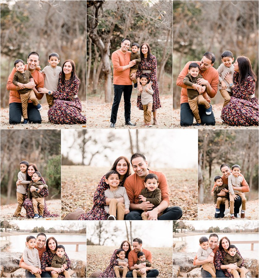 A collage of nine family portrait photos from a family photoshoot in an outdoor setting, showing a family of four interacting and posing with smiles.