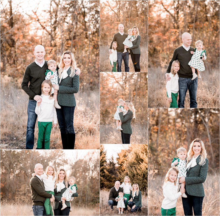 A family of four in coordinating outfits posing for a family photoshoot amidst autumn foliage.