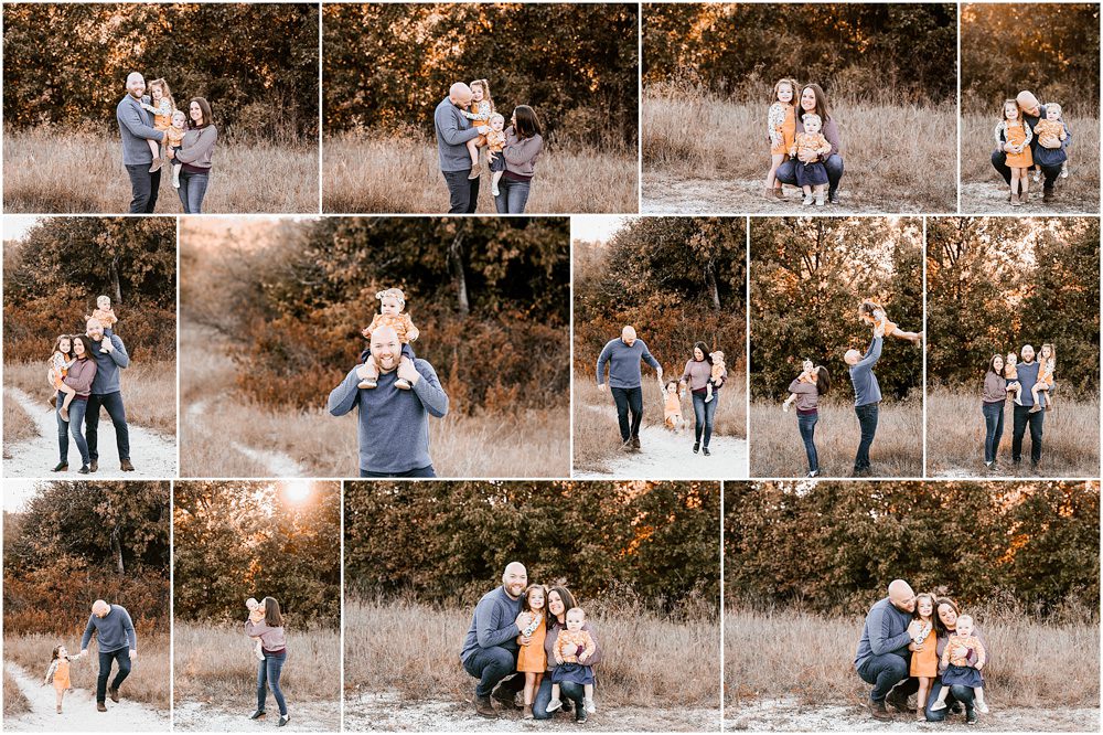 A family photoshoot collage featuring two adults, a child, and a dog in an outdoor setting during autumn.
