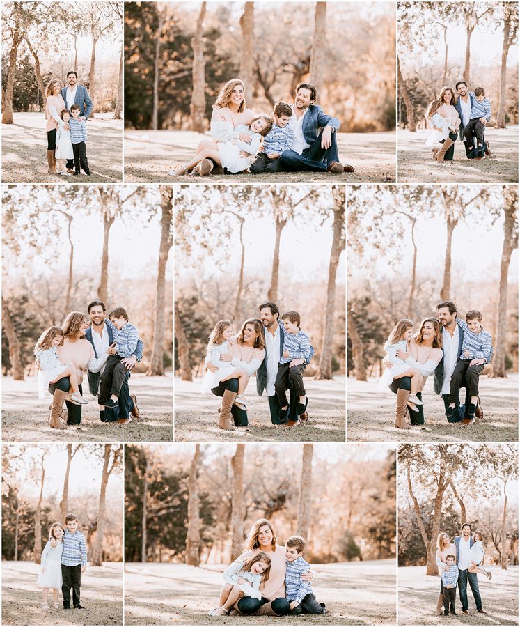A collage from a family photoshoot outdoor featuring two adults and a child.