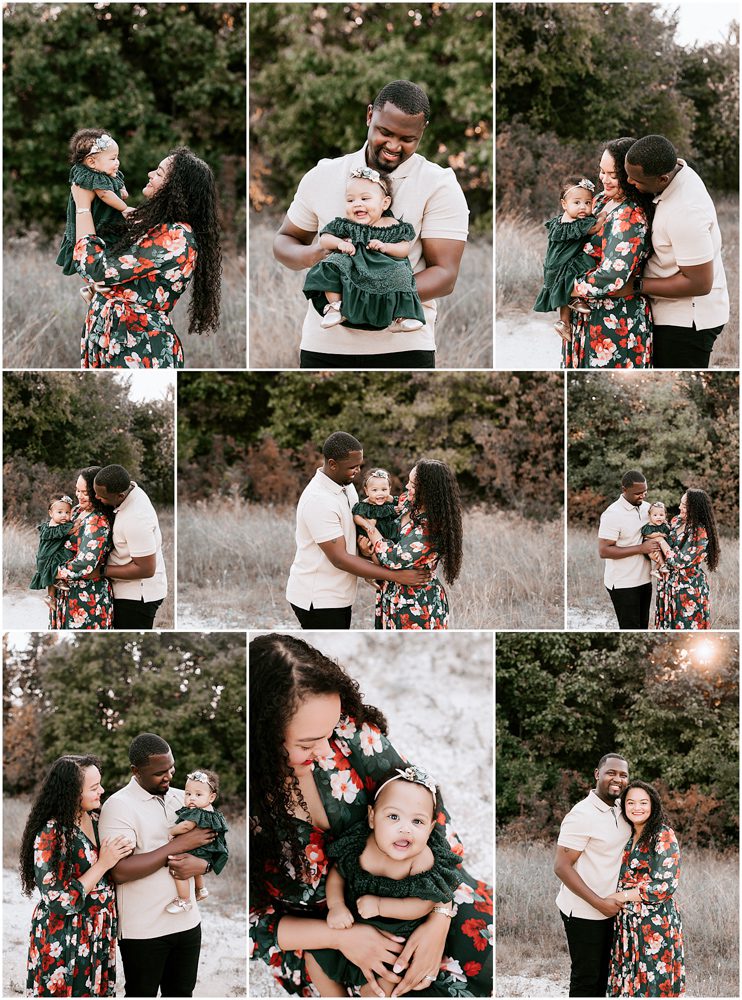 A collage of family portraits from a family session featuring a couple and their child in a natural setting, sharing moments of affection and joy.