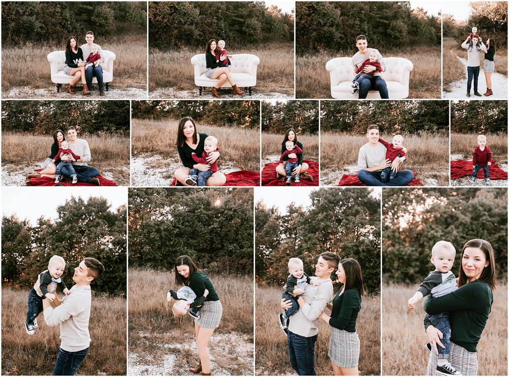 A collage from a family photography session, featuring portrait photos taken outdoors with various poses and groupings, including an adult couple, a baby, and a dog.