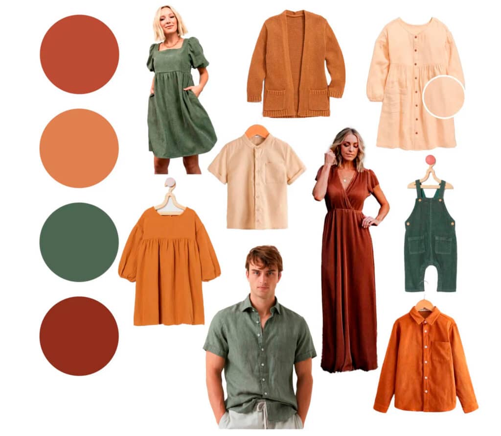 What To Wear For Your Dallas Family Photo Session (Fall &Amp; Winter Guide) 6 Bronze And Sage Family Photo Outfit Inspiration In Dallas Featuring Coordinated Earthy Green And Warm Brown Tones For Outdoor Portraits.