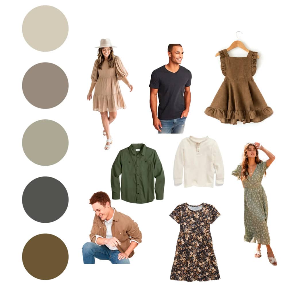 What To Wear For Your Dallas Family Photo Session (Fall &Amp; Winter Guide) 5 Coordinated Earthy Green And Neutral Family Photo Outfit Ideas In Dallas Featuring Olive, Taupe, Cream, And Soft Brown Tones For Outdoor Portraits.