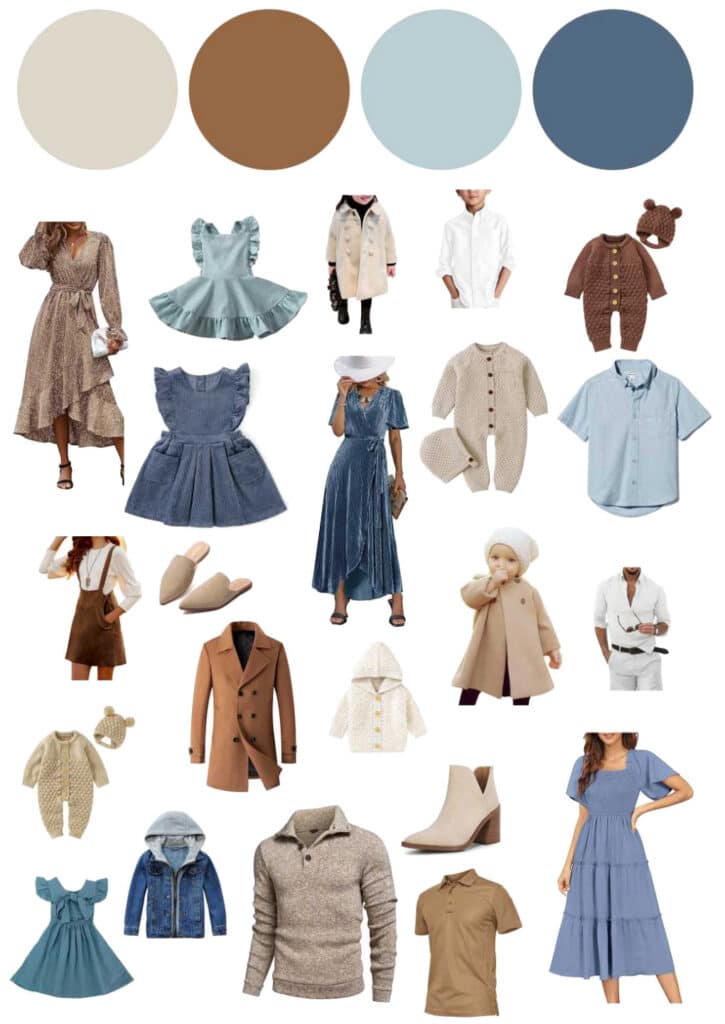 What To Wear For Your Dallas Family Photo Session (Fall &Amp; Winter Guide) 3 Coordinated Family Photo Outfit Ideas In Dallas Featuring Dusty Blue, Cream, Camel, And Soft Brown Tones For Outdoor And Studio Portraits.