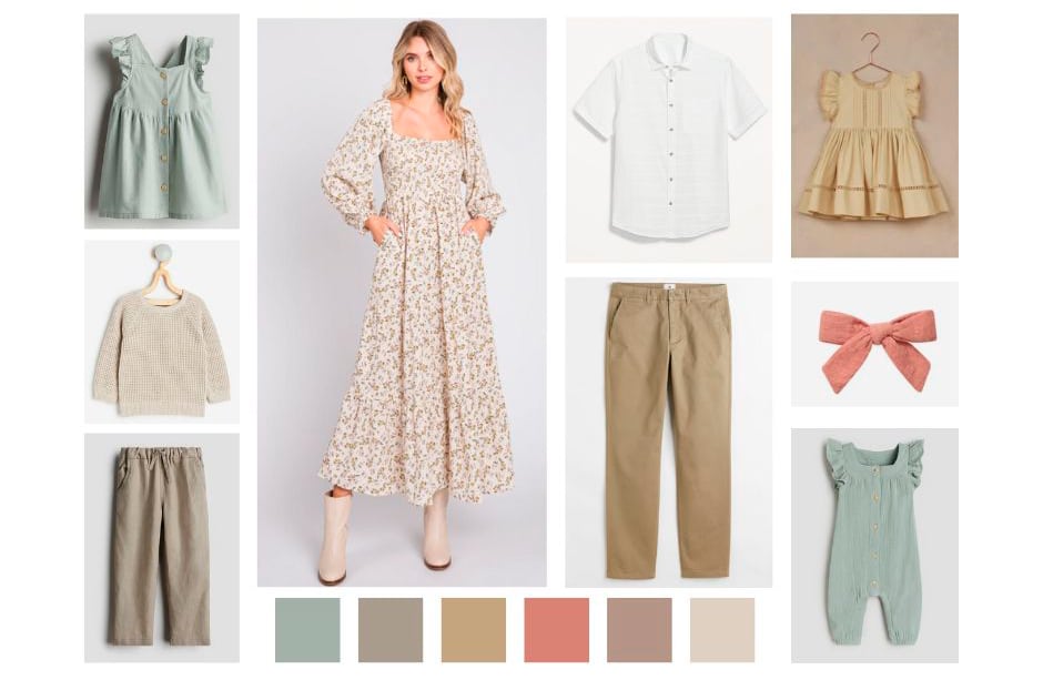 Sage Green And Neutral Spring Outfit Inspiration For Dallas Family Photos Featuring Soft Florals And Warm Earth Tones