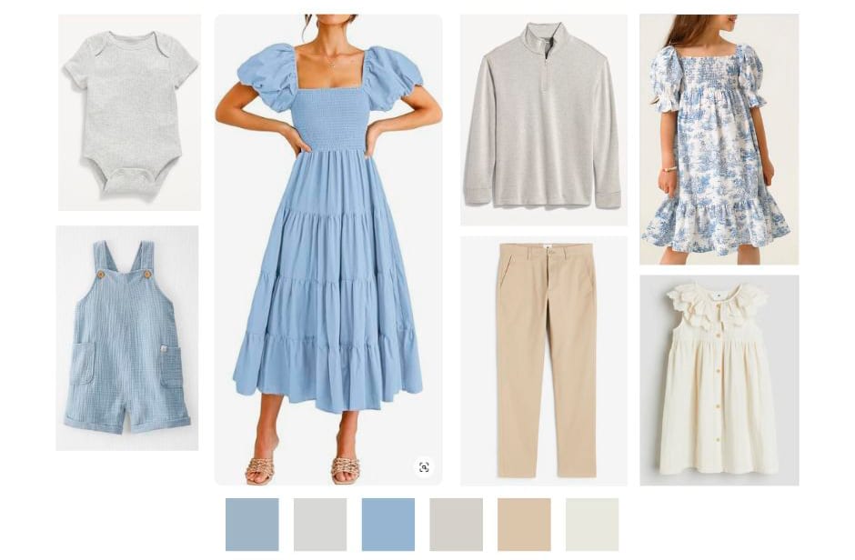 Soft Blue And Neutral Outfit Inspiration For Your Dallas Family Photoshoot. These Light, Airy Tones Photograph Beautifully During Spring Golden Hour Sessions Throughout The Dfw Area.