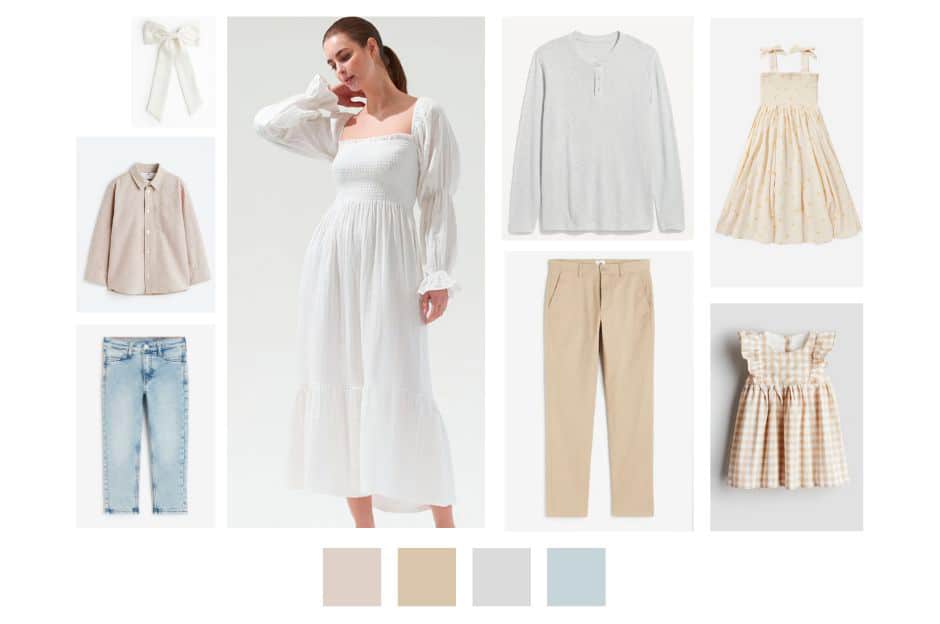 Light Neutral Spring Family Photo Outfit Inspiration Featuring Soft White, Beige, Tan And Muted Blue Tones For A Dallas Family Photography Session