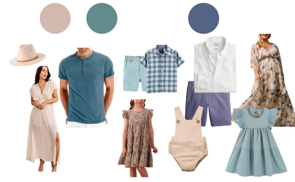 Spring And Summer Family Photo Outfit Inspiration Featuring Soft Blue, Cream And Neutral Tones For A Dallas Outdoor Family Photography Session