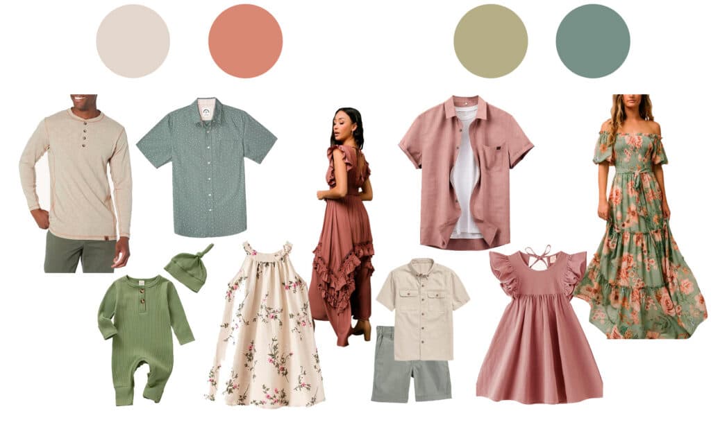 Spring And Summer Family Photo Outfit Inspiration Featuring Sage Green, Muted Rose And Warm Neutral Tones For A Dallas Outdoor Family Photography Session