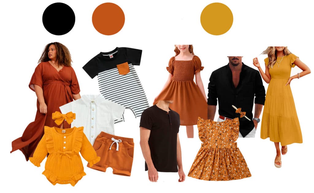 Late Summer Family Photo Outfit Inspiration Featuring Rust, Mustard Yellow, Black And Warm Earth Tones For A Dallas Outdoor Family Photoshoot