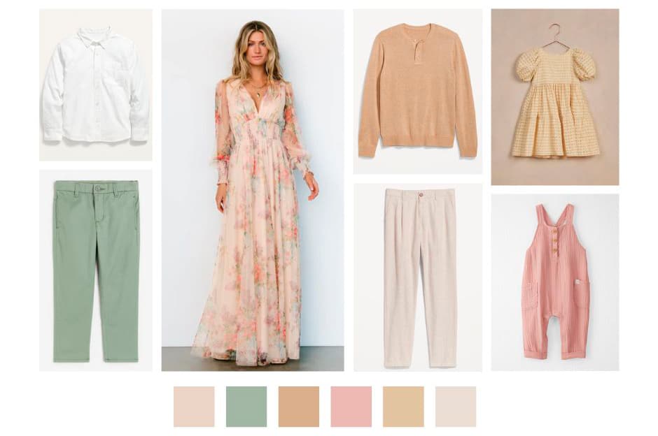 Pastel Spring Outfit Inspiration For Family Photos In Dallas Featuring Soft Blush, Sage Green, Cream And Warm Neutral Tones