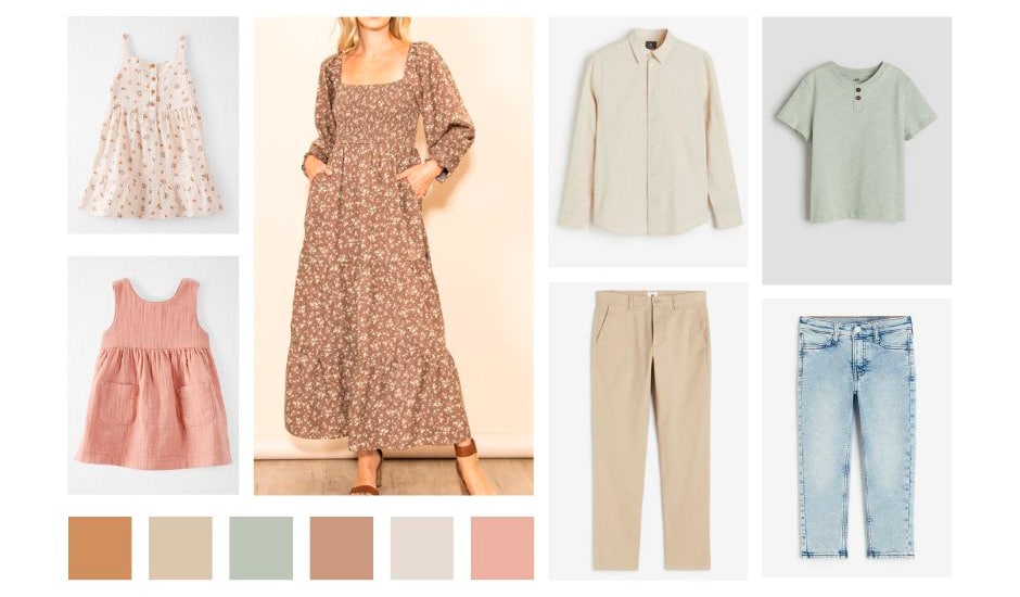 Earth Tone Spring Outfit Inspiration For Family Photos In Dallas Featuring Soft Sage Green, Dusty Rose, Beige And Warm Neutral Tones