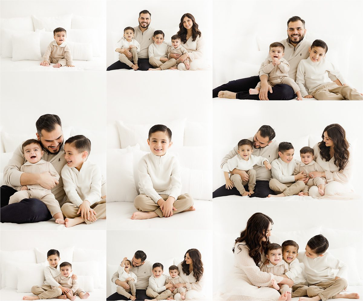 A collage from a family photoshoot showcasing two adults and three children in coordinating outfits, posing with various combinations and expressions against a white background.