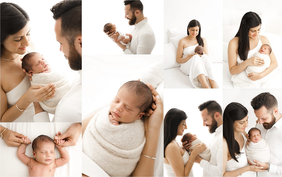 A collage of tender moments shared during a family photography session between a mother, father, and their newborn baby in a serene, white setting.