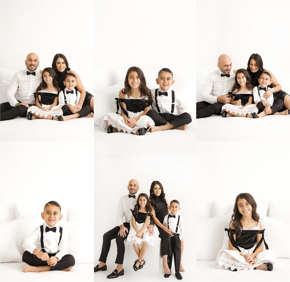 A family of five dressed in formal black and white attire posing for a family photography session in a studio with a white background, showcasing different groupings and individual shots.