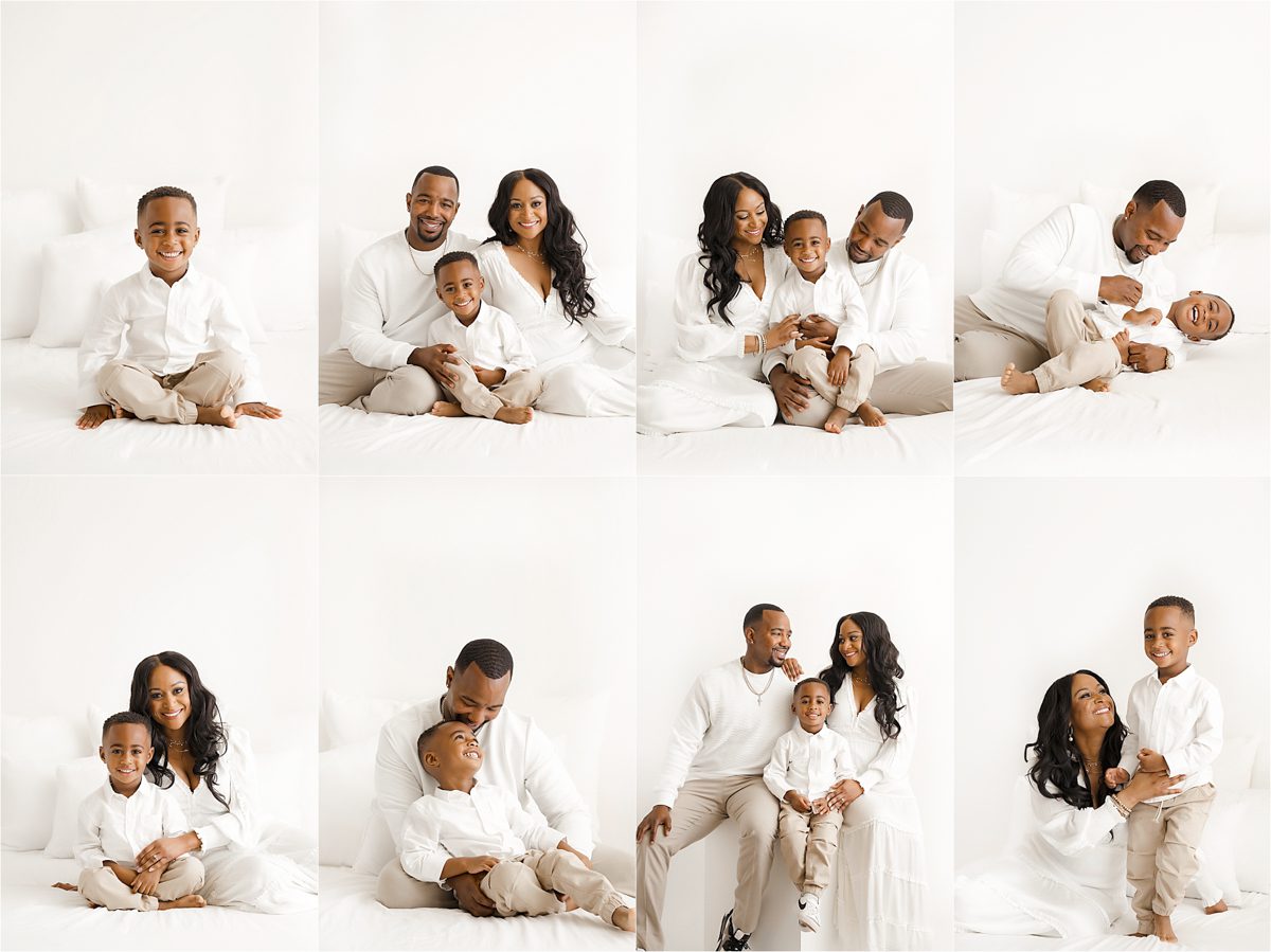 A family of four wearing white clothing poses together in various combinations against a white background during their family photoshoot.