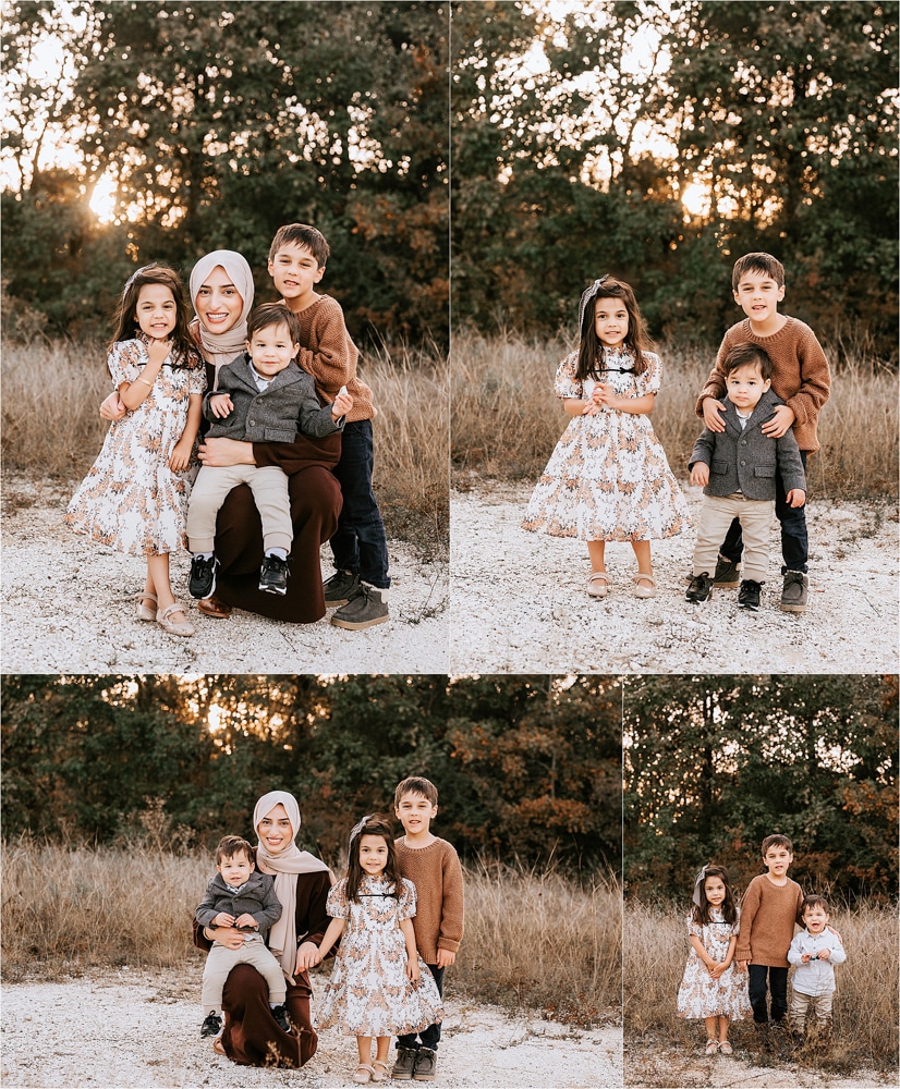collage of family photos with mother posed with her three children outdoors