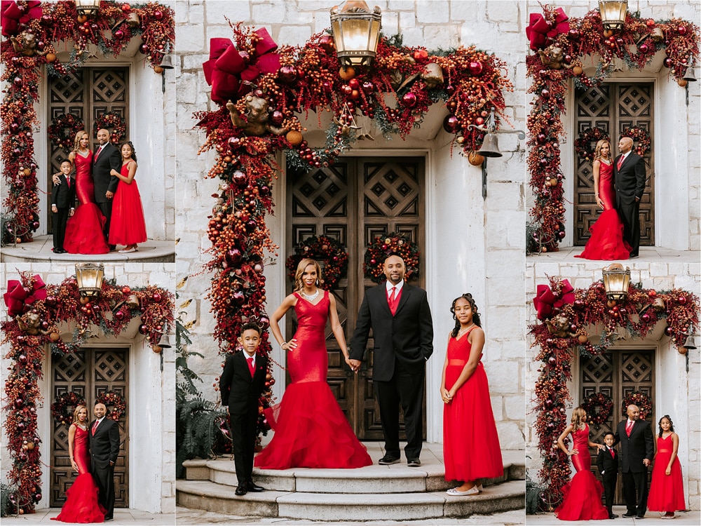 family photos in formal black attire posing for dallas family photographer