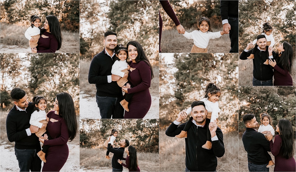 family of three poses outdoors smiling for dallas family photographer