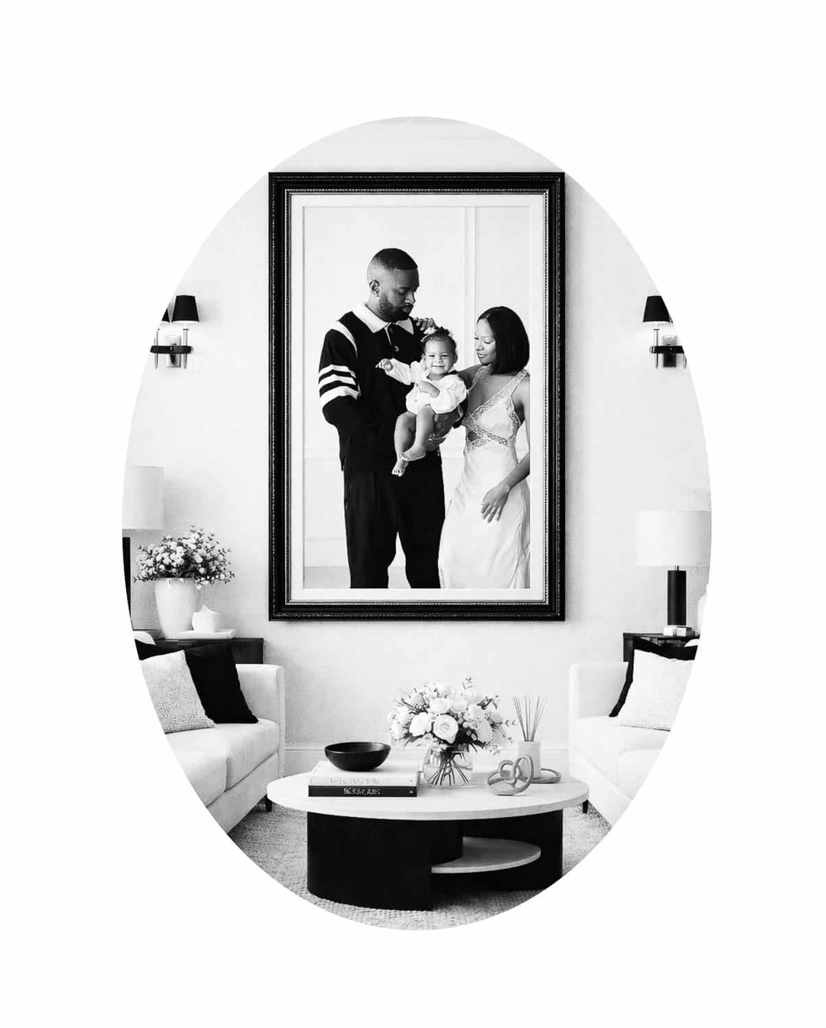 Luxury framed family portrait displayed as heirloom wall art in an elegant living room by Dallas family photographer Lily Hayes serving the DFW area