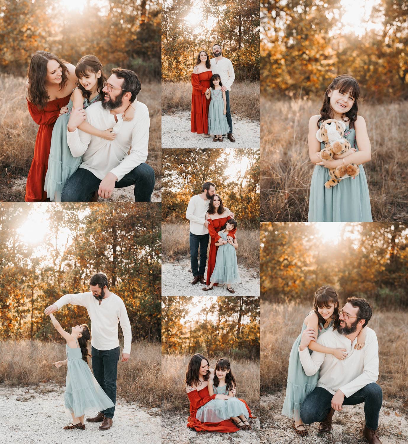 Dallas family photography session featuring parents and daughter during golden hour in a natural outdoor setting