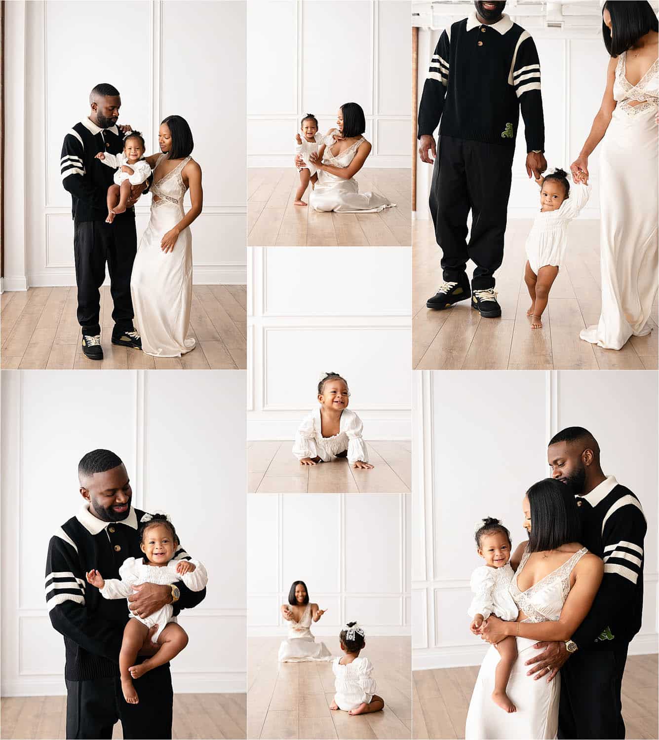 Dallas studio family portrait session featuring parents and baby photographed in a modern white studio by Lily Hayes Photography