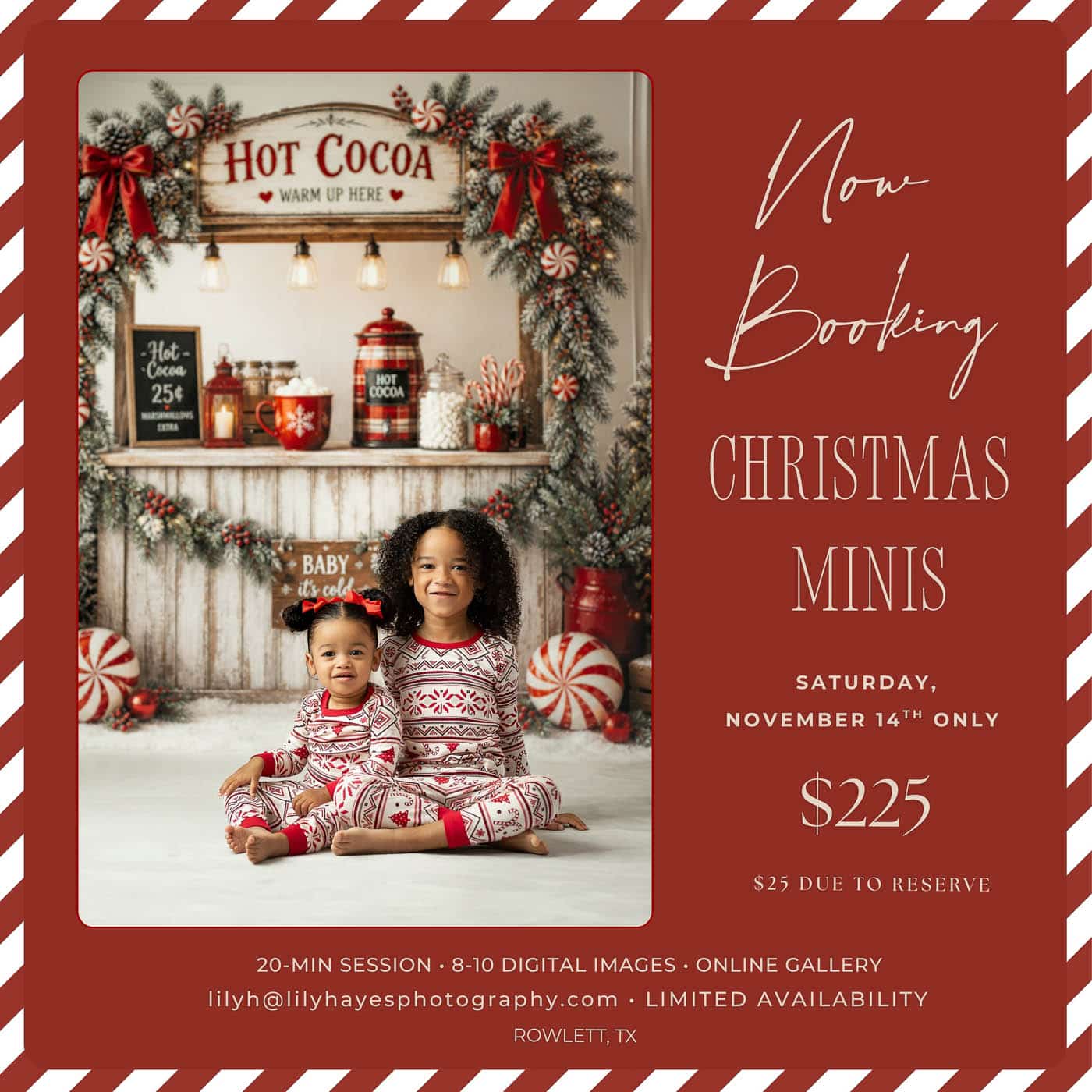 Dallas Christmas mini sessions in Rowlett TX with a hot cocoa Christmas backdrop for children and families at Lily Hayes Photography.